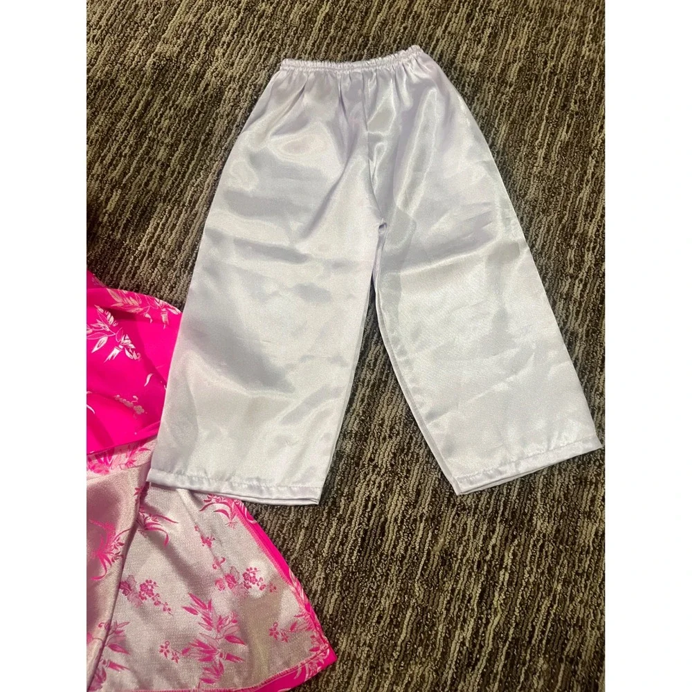Kids Pink Vietnamese Ao Dai Floral Tunic White Pants and Conical Hat Set Size 2